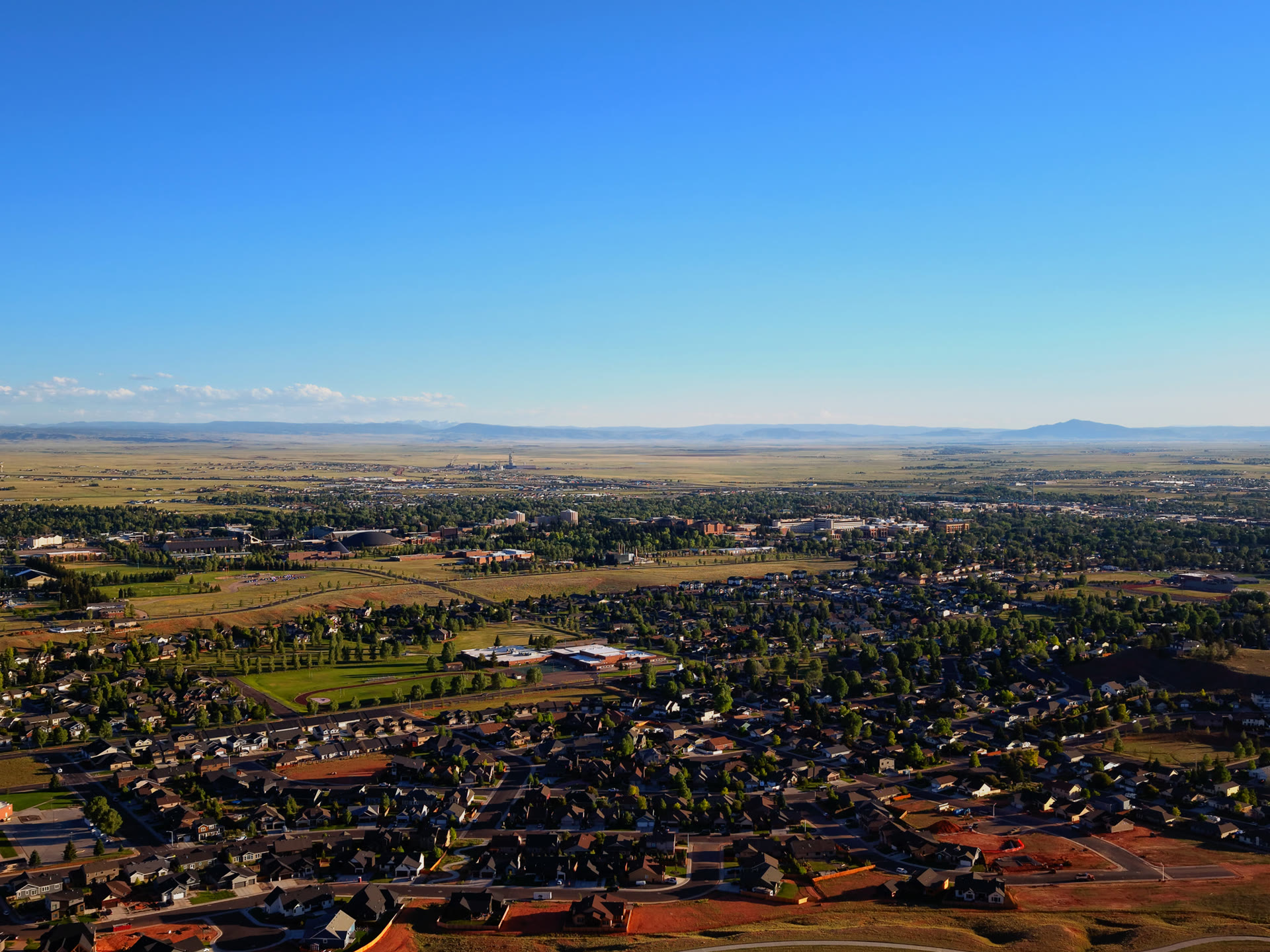 Aerial drone still of a Laramie residential neighborhood